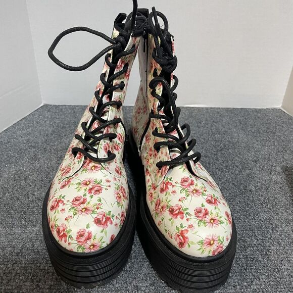 Floral Combat Boots Womens Size 7 White Pink Platform Lace Up Ankle Chunky - Picture 3 of 8